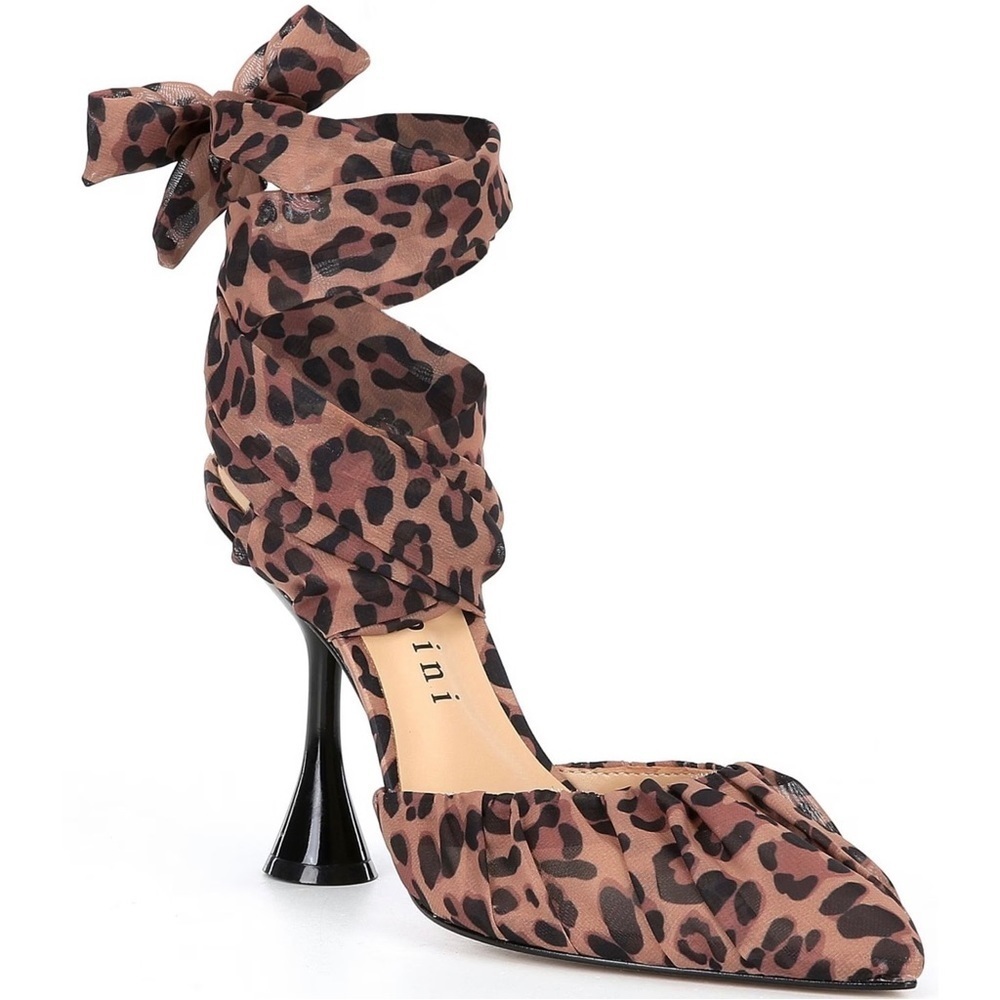NWT Gianni Bini Henzlee Leopard Chiffon Wrap Up Heels 7.5 Ankle Tie Strap Pointy